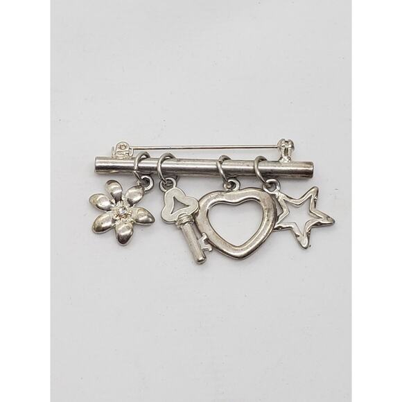 Vtg Silver Tone Charm Brooch Pin Flower Rhinestone Key Heart Star Dangle Costume - Picture 10 of 10